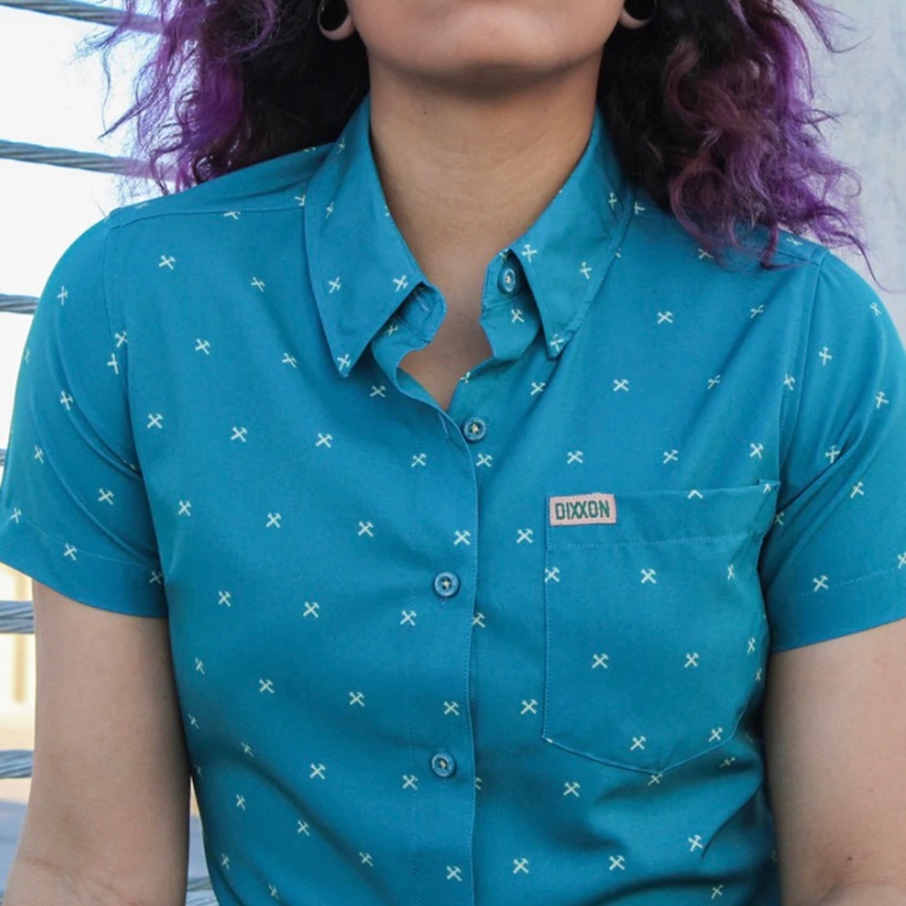 DIXXON Teal Short-Sleeve Button-Down Shirt with Small White Cross Print